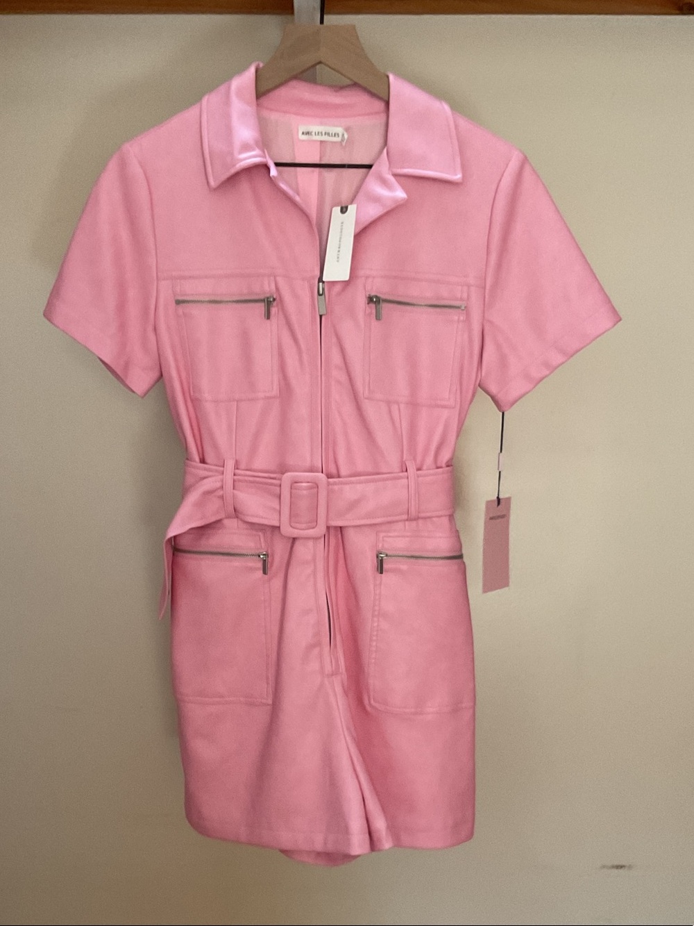 Anthropologie Pink Short-Sleeve Belted Romper with Zip Pockets